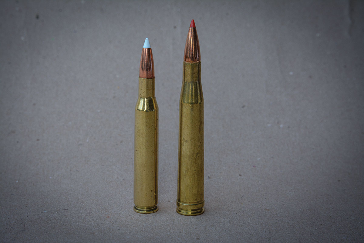 The 270 Winchester is not a magnum cartridge, but offers a similar trajectory to many belted magnum cartridges such as the 300 H&H (right).